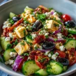 Sun-dried Tomato and Feta Salad with Black Olives garnished.
