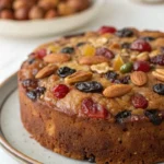 Delicious super moist fruit cake with vibrant fruits and nuts, perfect for celebrations.