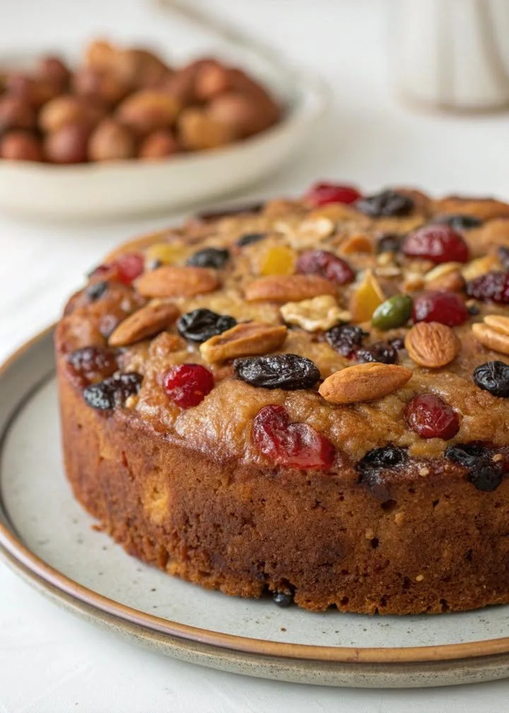 Delicious super moist fruit cake with vibrant fruits and nuts, perfect for celebrations.