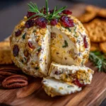 Thanksgiving cheese ball appetizer with crackers and seasonal decor
