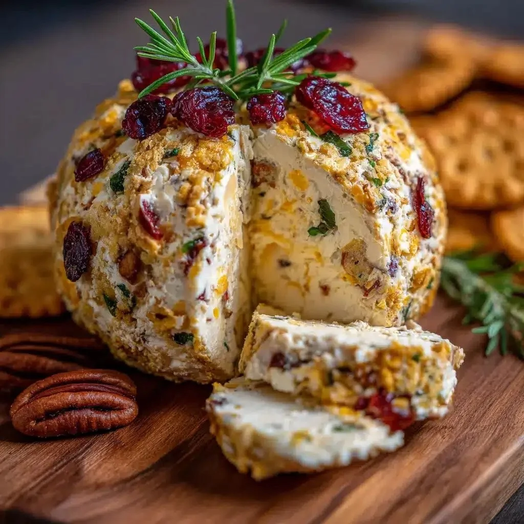 Thanksgiving cheese ball appetizer with crackers and seasonal decor
