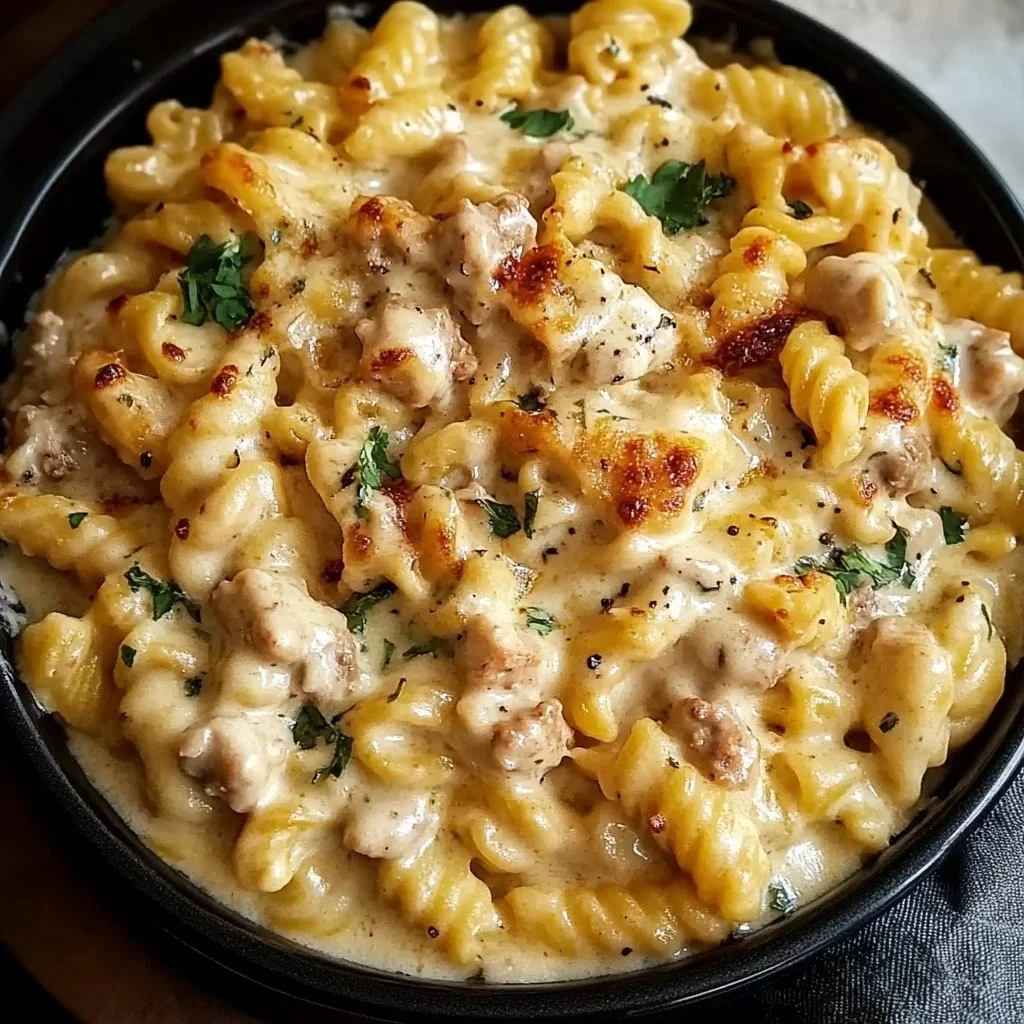 Delicious garlic parmesan chicken pasta made in a crockpot with creamy sauce