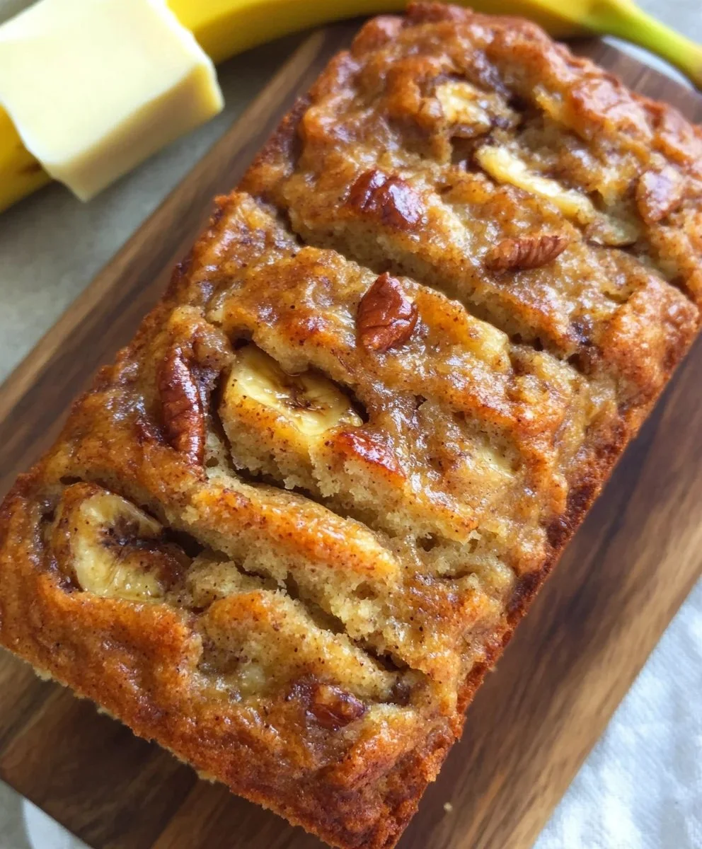 Deliciously baked loaf of banana bread on a wooden table