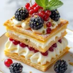 Thousand Layers dessert garnished with fresh berries and whipped cream.