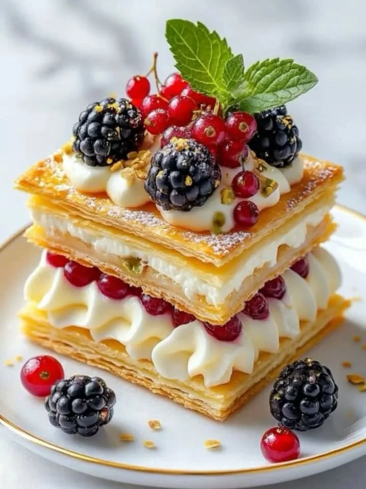 Thousand Layers dessert garnished with fresh berries and whipped cream.