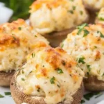 Three Cheese Stuffed Mushrooms appetizer topped with melted cheese and herbs