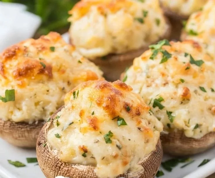 Three Cheese Stuffed Mushrooms appetizer topped with melted cheese and herbs