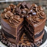 Deliciously layered Triple Chocolate Cake with rich ganache and chocolate shavings.