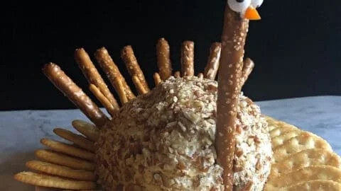 Turkey shaped cheese ball, a festive appetizer for Thanksgiving and holiday parties