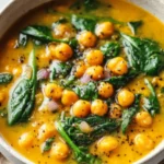 Bowl of Turmeric Chickpea Soup garnished with fresh herbs