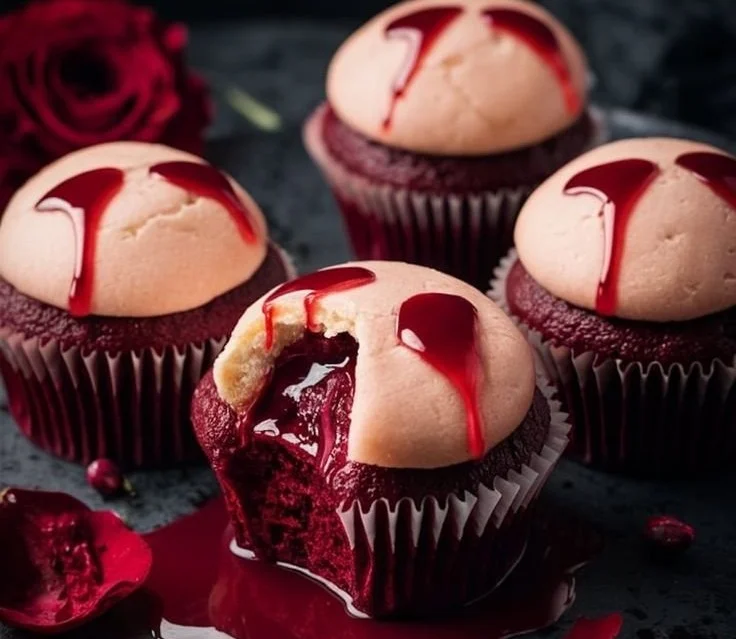 Delicious Vampire Bite Cupcakes with a red filling resembling blood