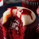Vampire bite cupcakes decorated with red icing and fang designs for Halloween