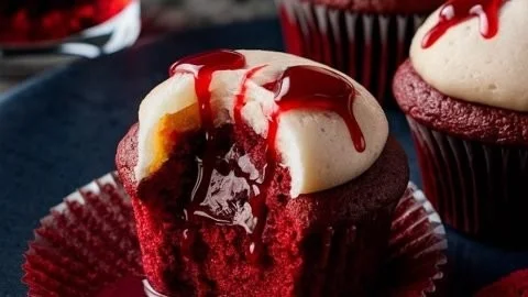 Vampire bite cupcakes decorated with red icing and fang designs for Halloween