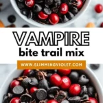 Vampire Bite Trail Mix with themed Halloween snacks and ingredients