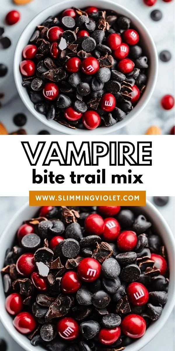 Vampire Bite Trail Mix with themed Halloween snacks and ingredients