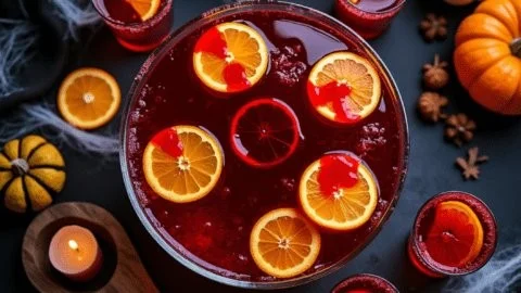Glass of Vampire Punch for Halloween with red and black garnishes.