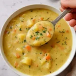 Delicious vegan potato soup garnished with fresh herbs in a bowl
