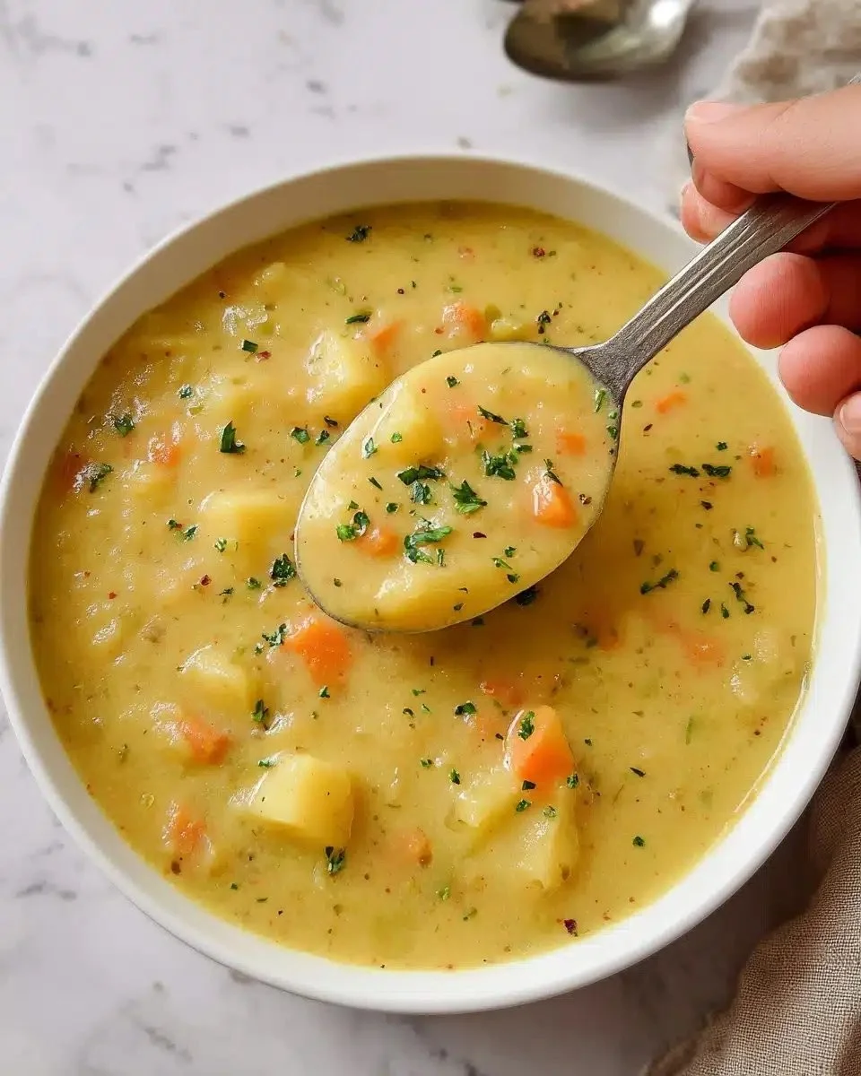 Delicious vegan potato soup garnished with fresh herbs in a bowl