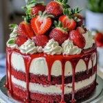 Velvet Strawberry Cheesecake topped with fresh strawberries and whipped cream