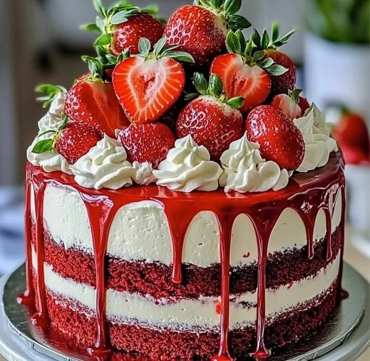 Velvet Strawberry Cheesecake topped with fresh strawberries and whipped cream