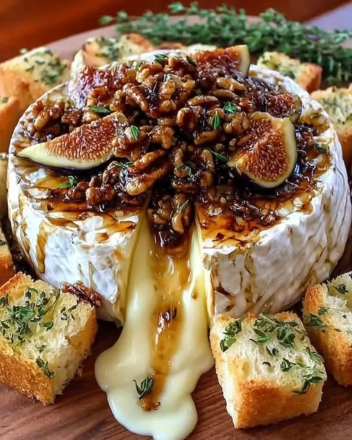 Warm baked brie with figs and pecans, a delicious appetizer