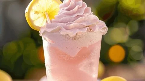A refreshing glass of whipped pink lemonade with a pink hue and garnished with lemon slices.
