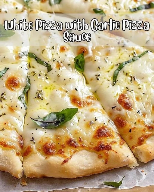 Delicious white pizza topped with rich garlic pizza sauce and fresh ingredients.