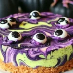 Witches’ Brew Swirl Cheesecake topped with colorful frosting and spooky decorations.