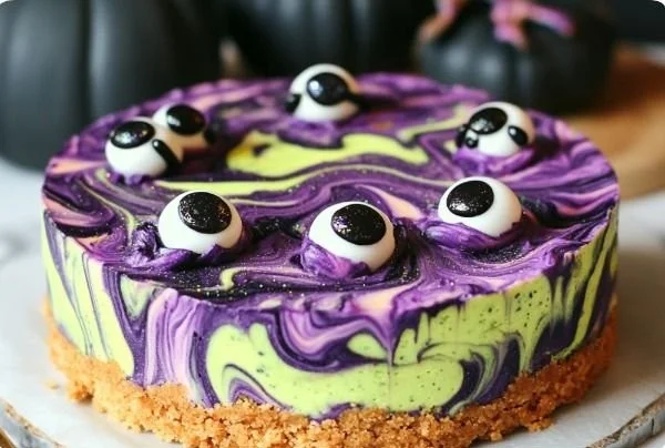 Witches’ Brew Swirl Cheesecake topped with colorful frosting and spooky decorations.