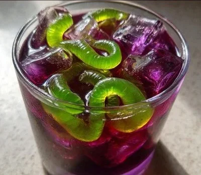 Witch’s Potion Punch in a cauldron with spooky decorations for Halloween.