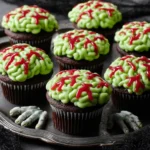 Delicious Zombie Brain Cupcakes decorated with spooky icing