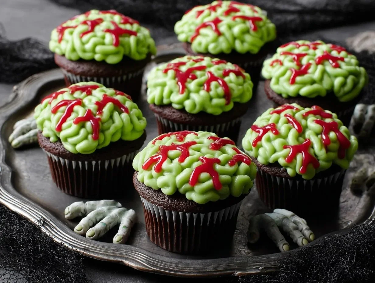 Delicious Zombie Brain Cupcakes decorated with spooky icing