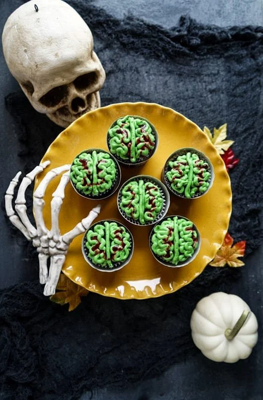 Zombie brain Halloween cupcakes decorated for a spooky celebration