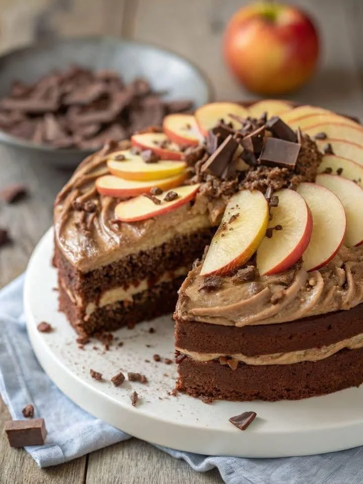 Apple Chocolate Harmony Cake topped with fresh apples and chocolate drizzle.