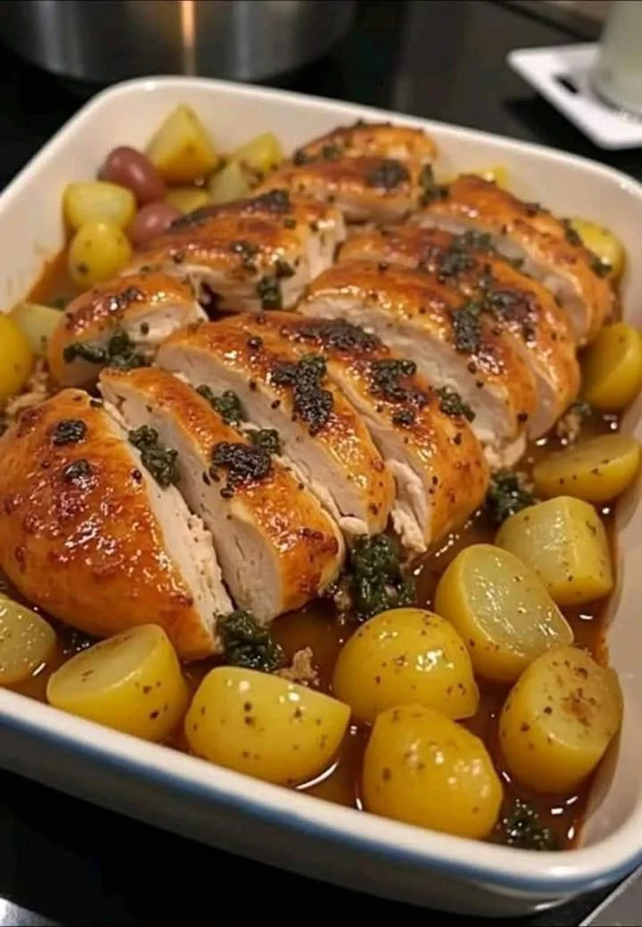 Baked chicken breast with potatoes and herb butter sauce served on a plate