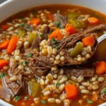 Bowl of delicious barley soup with vegetables and herbs