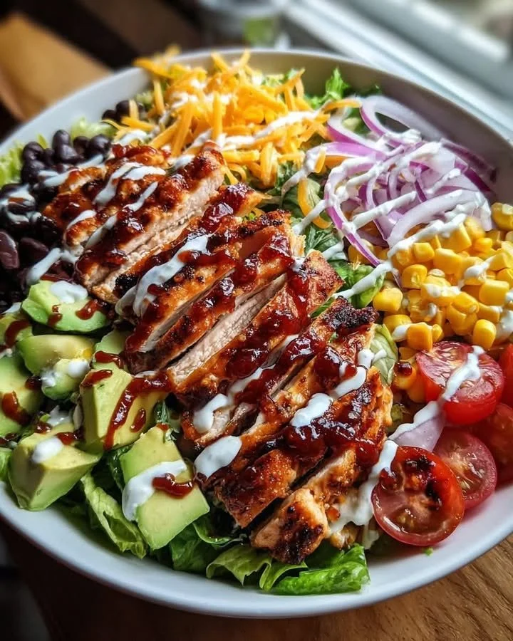 Delicious BBQ chicken salad with fresh greens and tangy dressing