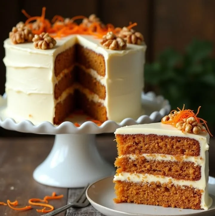 Delicious slice of the best carrot cake topped with cream cheese frosting.