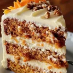 Slice of the best carrot cake ever, decorated with cream cheese frosting and walnuts