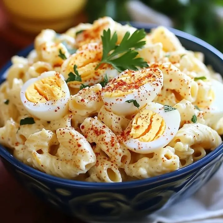 Bowl of deviled egg pasta salad with toppings and herbs