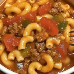 Bowl of delicious goulash with noodles and beef, garnished with parsley