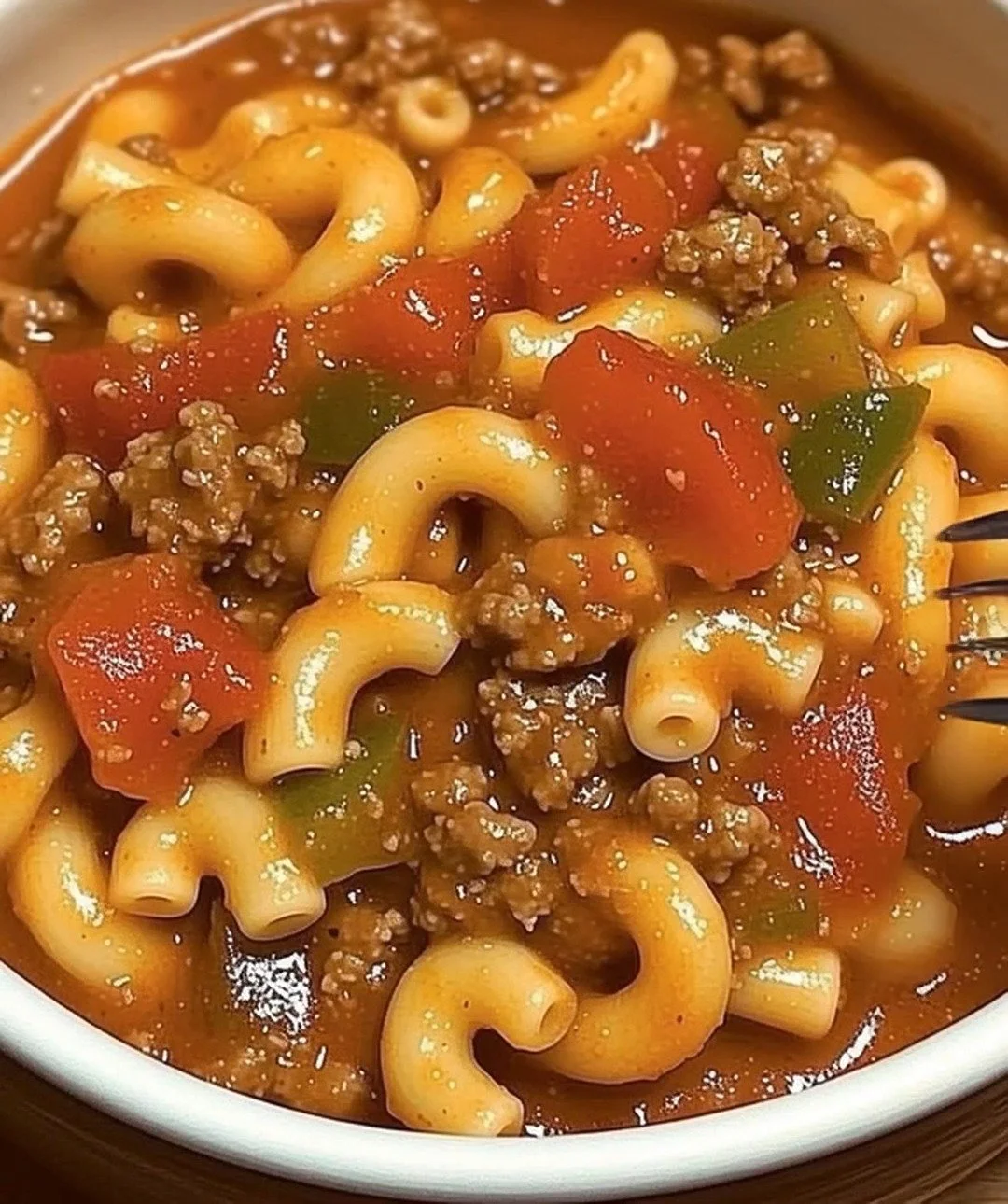 Bowl of delicious goulash with noodles and beef, garnished with parsley