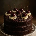 Delicious Black Forest Cake topped with cherries and whipped cream