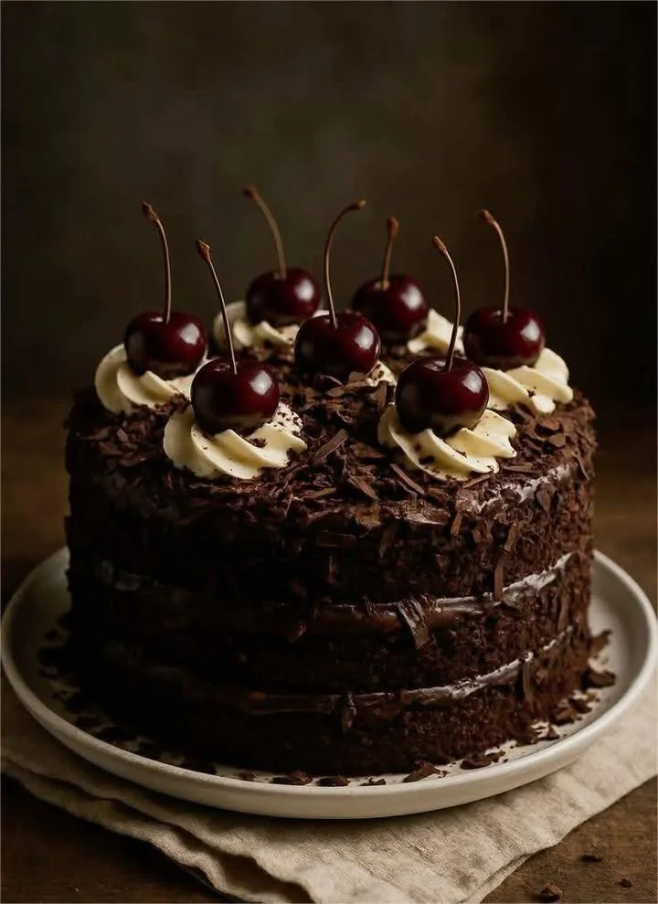 Delicious Black Forest Cake topped with cherries and whipped cream
