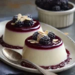 Blackberry and violet panna cotta garnished with almond tuile on a plate