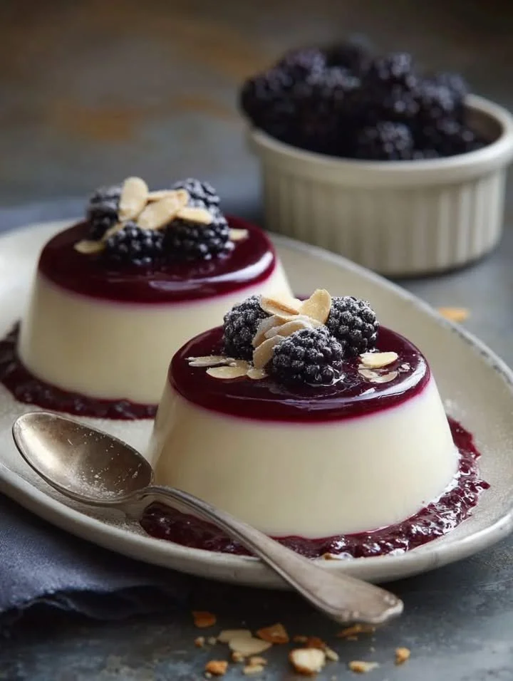 Blackberry and violet panna cotta garnished with almond tuile on a plate