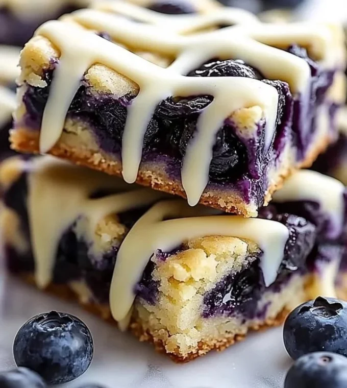 Delicious blueberry lemon cookie bars topped with white chocolate drizzle