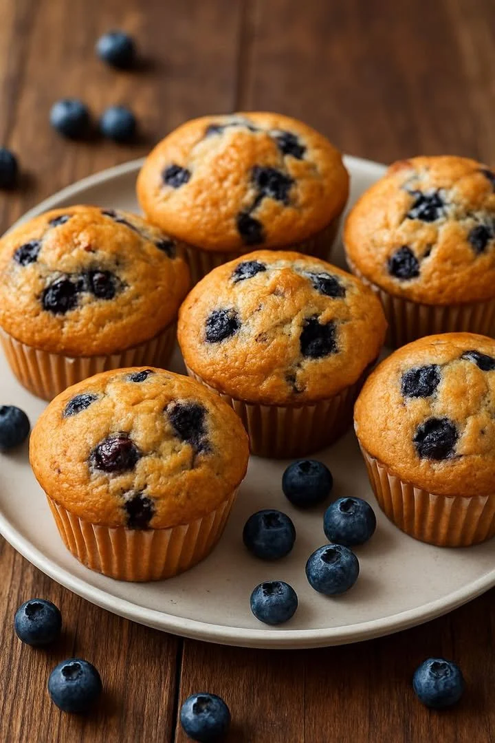 Freshly baked blueberry muffins garnished with blueberries