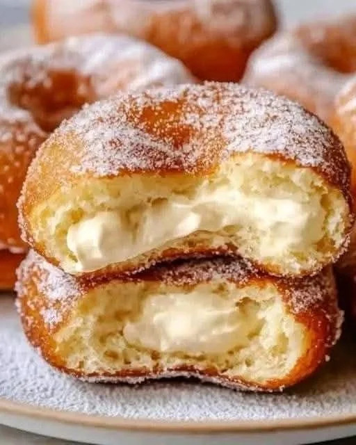 Delicious bomboloni, Italian cream-filled donuts, dusted with sugar