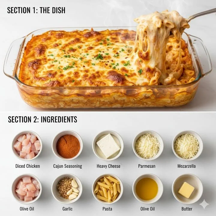 Cajun Cream Cheese Chicken Pasta Bake served in a casserole dish